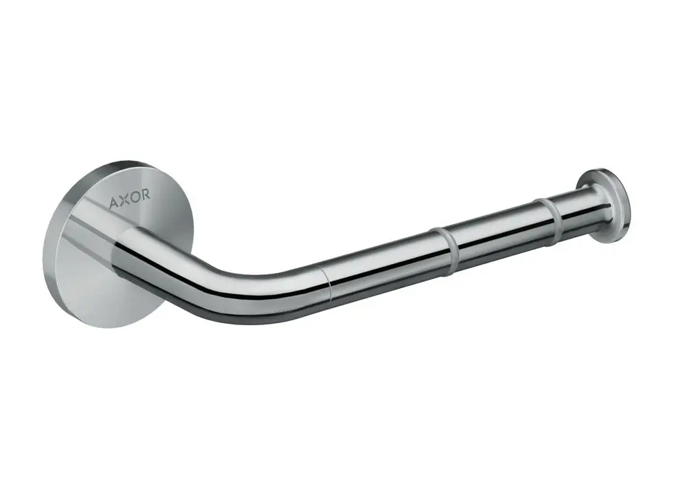 Toilettenpapierhalter aus Chrom mit gebogener Form, montiert an einer runden Wandplatte. Produkt von der Marke AXOR.